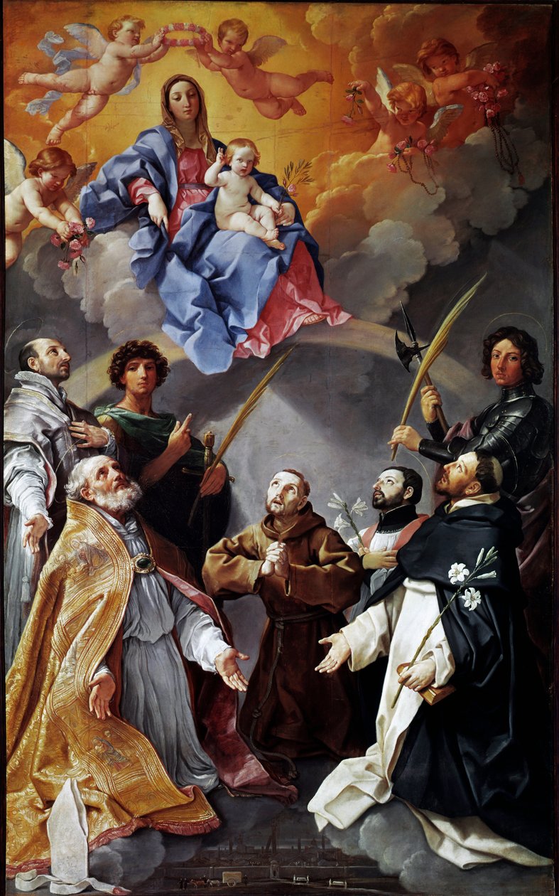 Ołtarz dżumy: Dziewica z Dzieciątkiem ze św. Petroniuszem, św. Franciszkiem, św. Ignacym, św. autorstwa Guido Reni