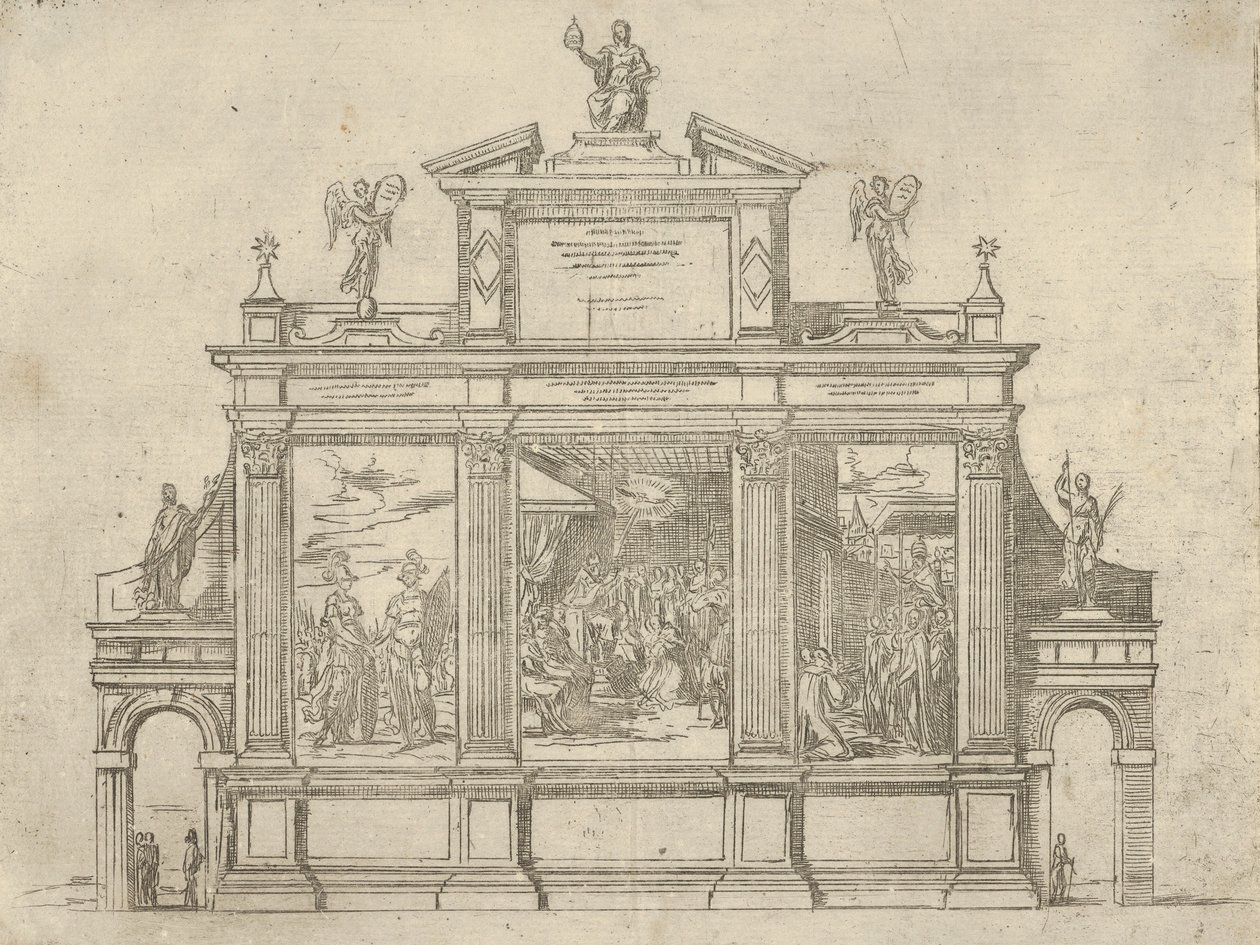 Fasada pomnika triumfalnego z trzema scenami przedstawiającymi czyny papieża Klemensa VIII, t..., 1598. autorstwa Guido Reni