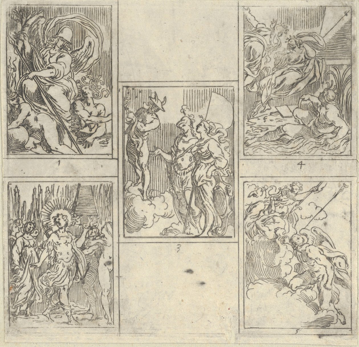 Pięć numerowanych scen, każda według malarza w Accademia Degli Incamminati, z IL FUME..., 1603. autorstwa Guido Reni