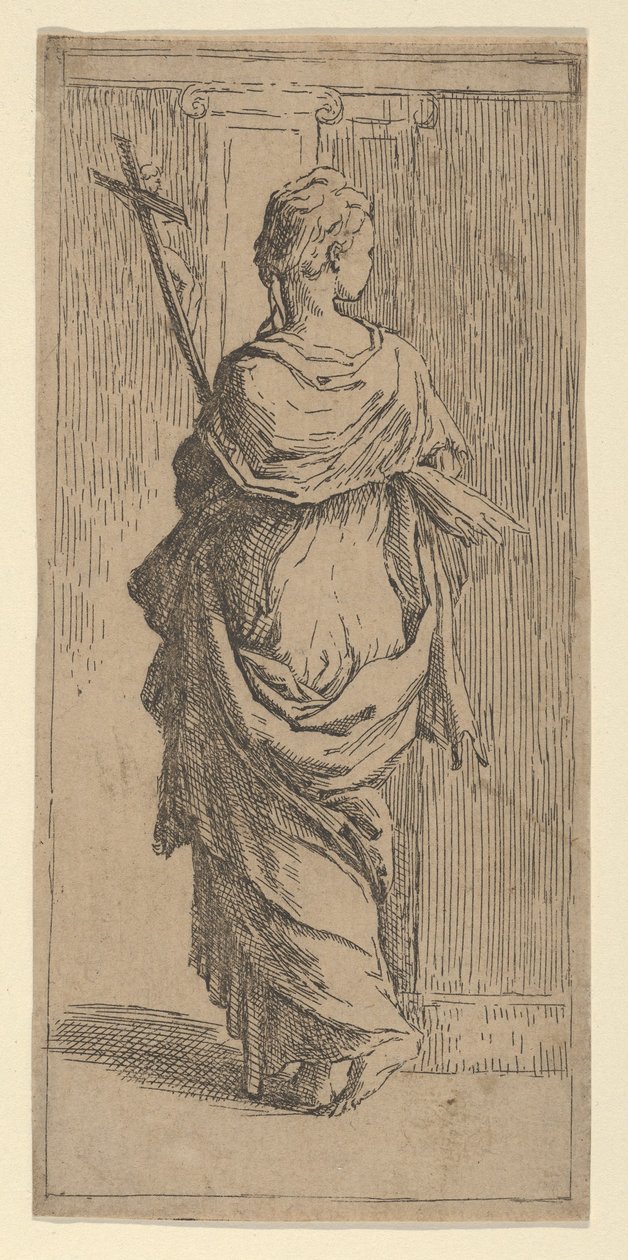 Dziewczyna niosąca krucyfiks i idąca w kierunku pilastra, widziana z tyłu, ok. godz. 1590-1600. autorstwa Guido Reni