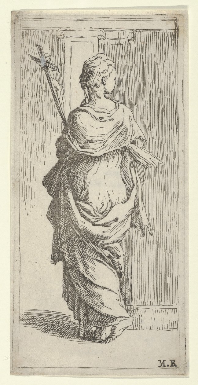Dziewczyna niosąca krucyfiks i idąca w kierunku pilastra, widziana z tyłu, ok. godz. 1590-1600. autorstwa Guido Reni
