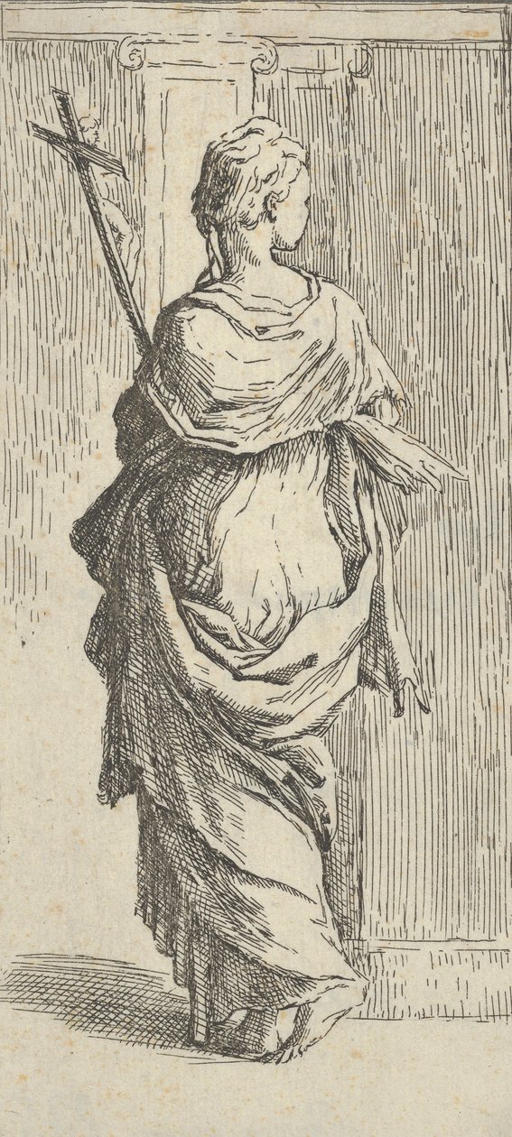 Dziewczyna niosąca krucyfiks i idąca w kierunku pilastra, widziana z tyłu, ok. godz. 15..., ok. godz. 1590-1600. autorstwa Guido Reni
