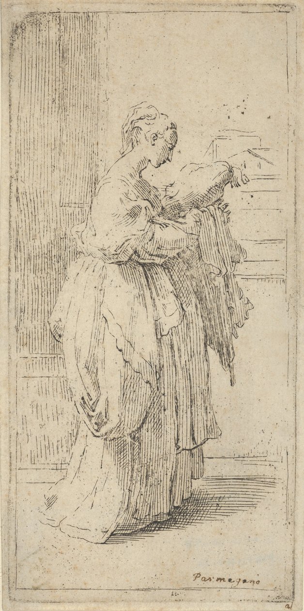 Dziewczyna niosąca poduszkę, widziana z profilu w prawo, 1590-1690. autorstwa Guido Reni