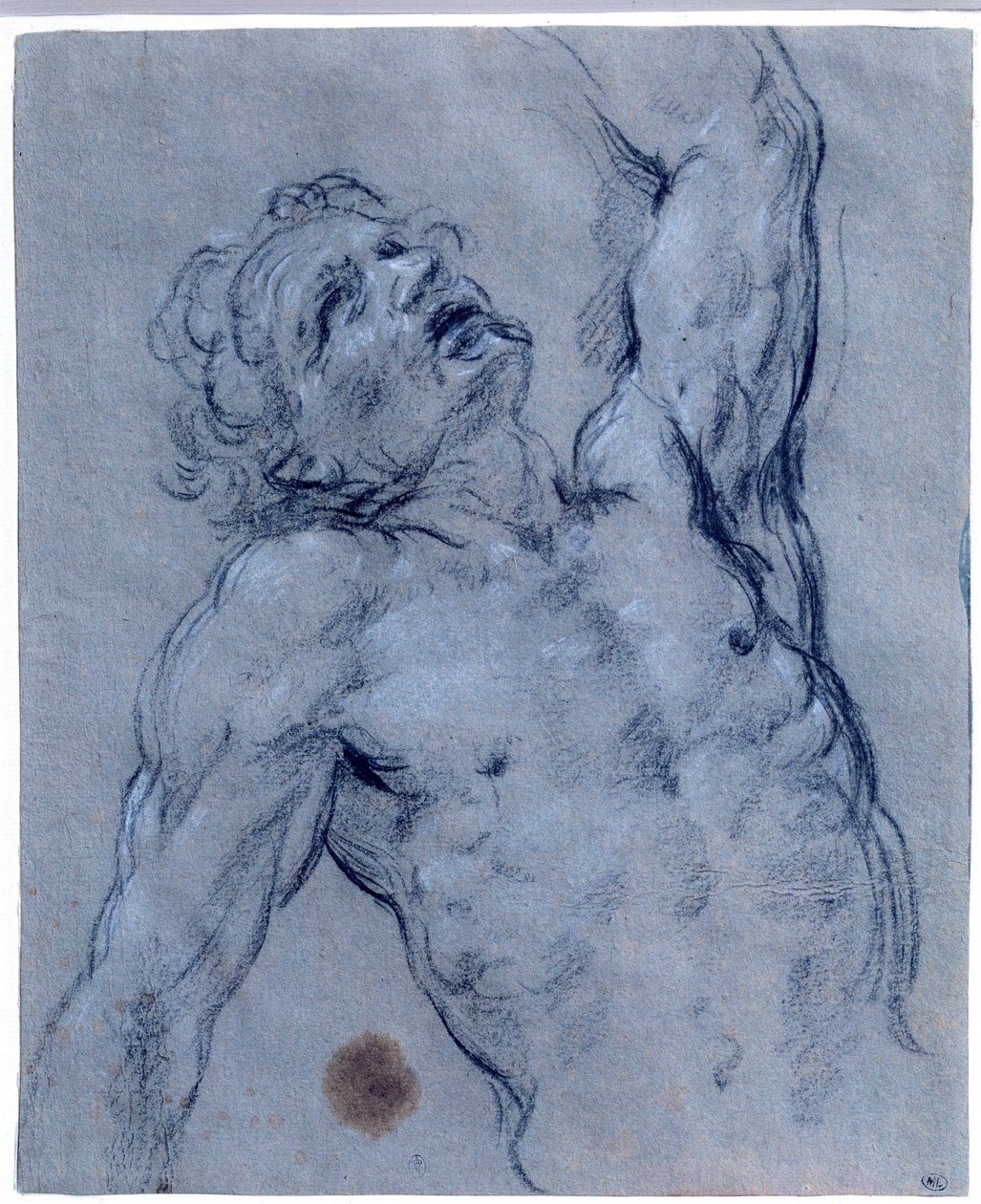 Półpostać nagiego mężczyzny, odwraca się, udając cierpienie Rysunek z czarnego kamienia autorstwa Guido Reni pt. Przewodnik (1573-1642). Słońce 0,26x0,21 m Paryż, musee du Louvre autorstwa Guido Reni