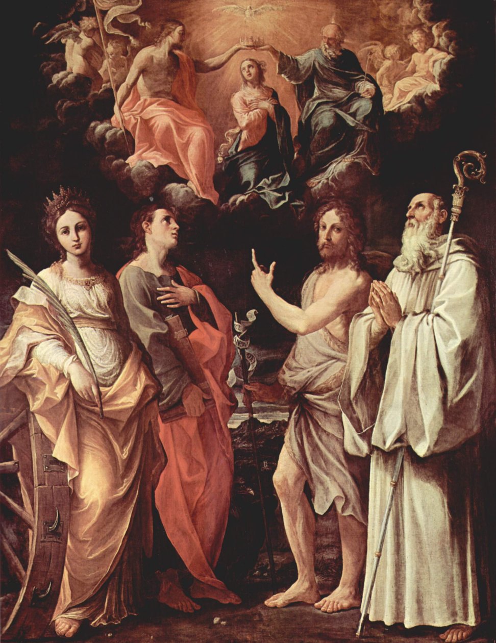 Włoski: Koronacja Dziewicy ze świętymi Janem Ewangelistą, Janem Chrzcicielem, Bernardem i Katarzyną Aleksandryjską autorstwa Guido Reni