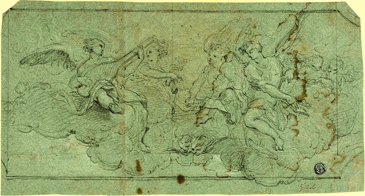 Anioły muzyków w chmurach (rekto); Siedzący Kleryk (verso) autorstwa Guido Reni