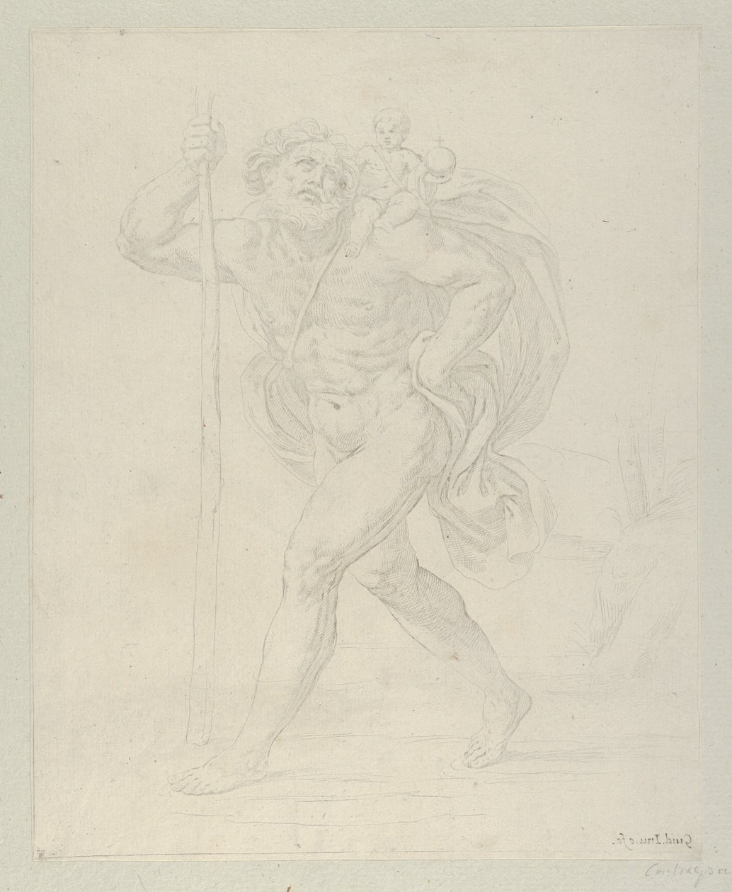 Św. Krzysztof idący z Dzieciątkiem na lewym ramieniu, kontrpro..., ca. 1600-1640. autorstwa Guido Reni