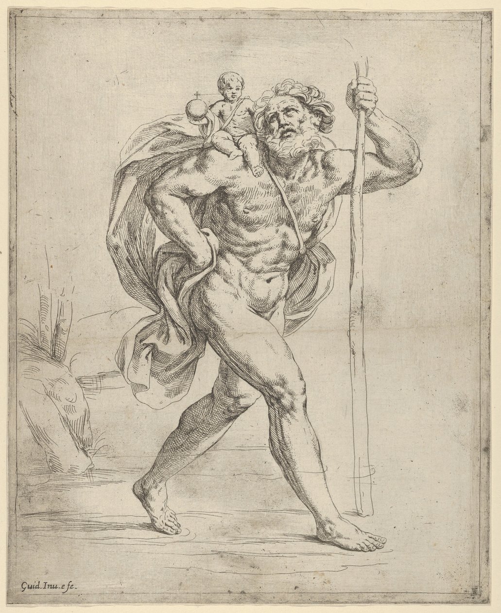 Św. Krzysztof idący z Dzieciątkiem na prawym ramieniu, ca. 1600-1640. autorstwa Guido Reni