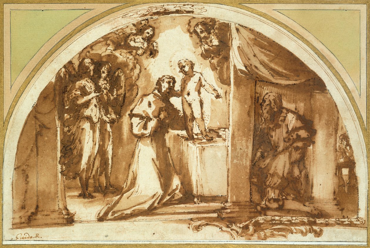 Św. Franciszek Adorujący Dzieciątko Chrystus (czerwona kreda, długopis i brązowy tusz, brązowy wash) autorstwa Guido Reni