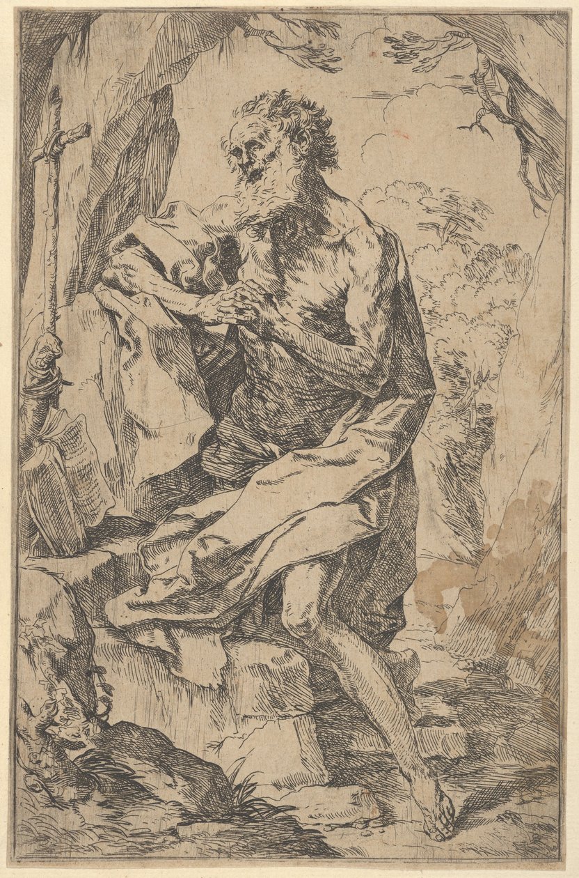 Św. Hieronim klęczący na skale przed krzyżem i otwartą księgą zwróconą w lewo..., ok. godz. 1600-1640. autorstwa Guido Reni