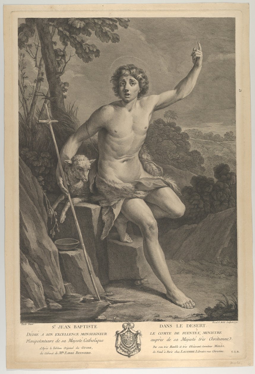 Św. Jan Chrzciciel na pustyni, siedzący na skale i skierowany w górę lewą k..., 1770 autorstwa Guido Reni