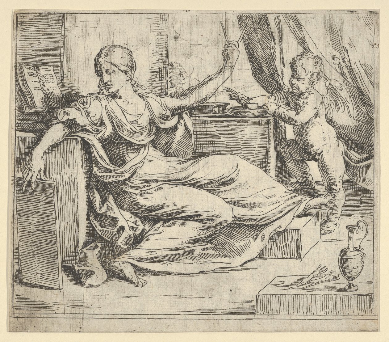 Siedząca kobieta trzymająca tabliczkę i kompas alegoria nauki, skrzydlate putto..., ca. 1600-1640. autorstwa Guido Reni