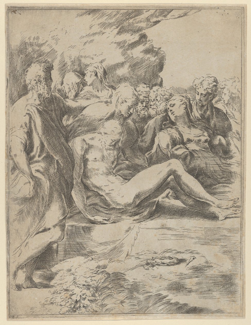 Złożenie do grobu, Chrystus z wyciągniętymi nogami, Dziewica po prawej, 1590-1600. autorstwa Guido Reni