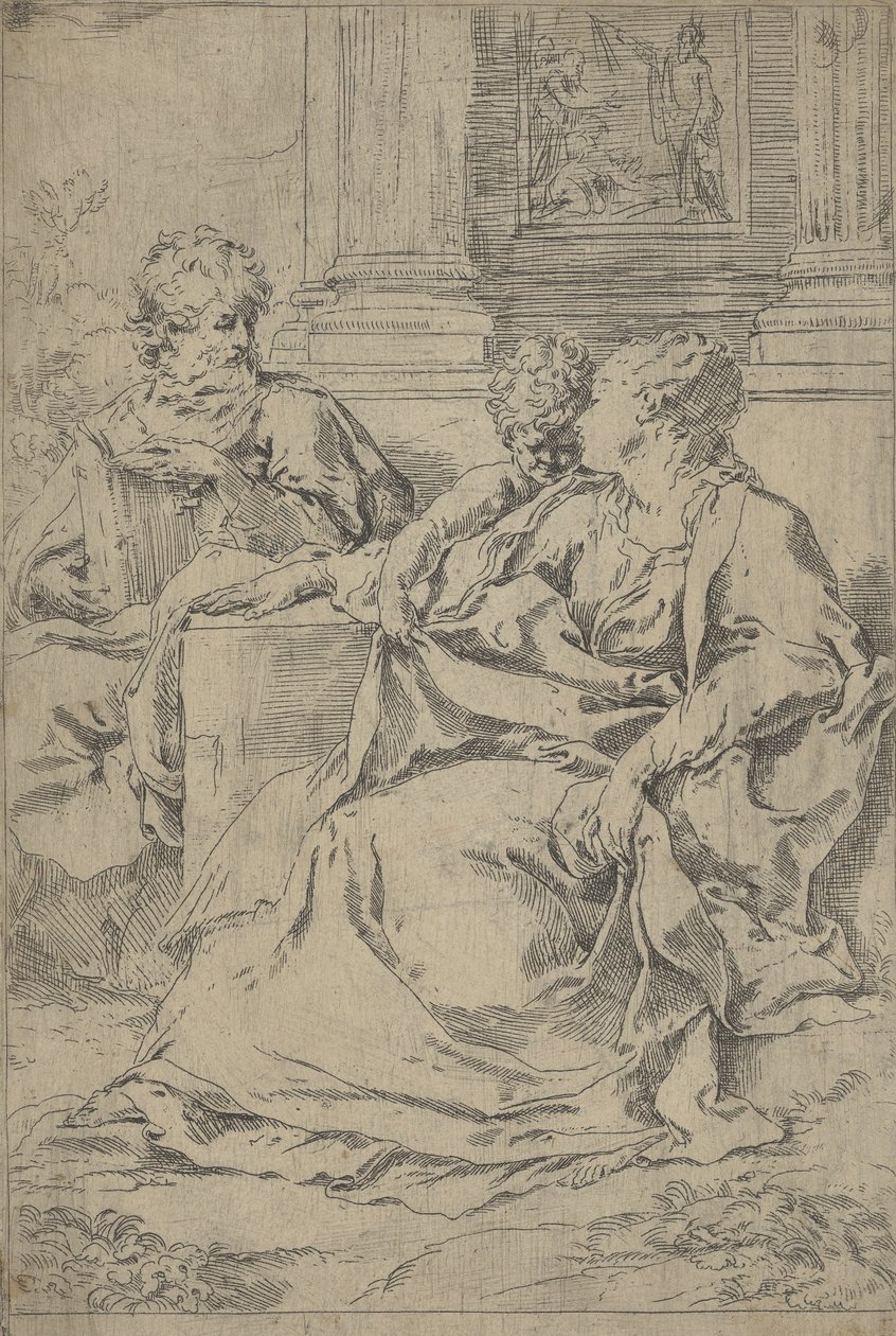 Święta Rodzina siedząca razem przed kolumnadą, czytanie św. Józefa i... ok. godz. 1590-1610. autorstwa Guido Reni