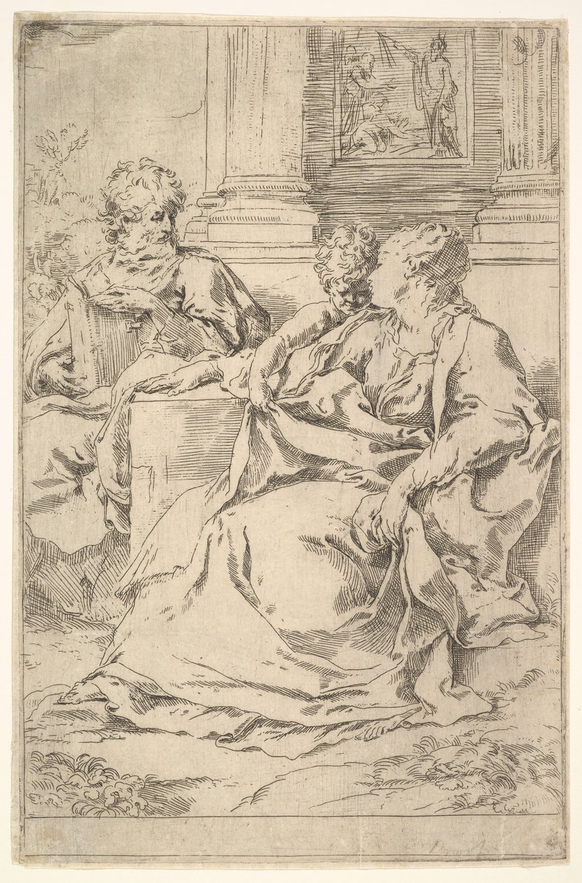 Święta Rodzina ze sceną biblijną w tle. autorstwa Guido Reni