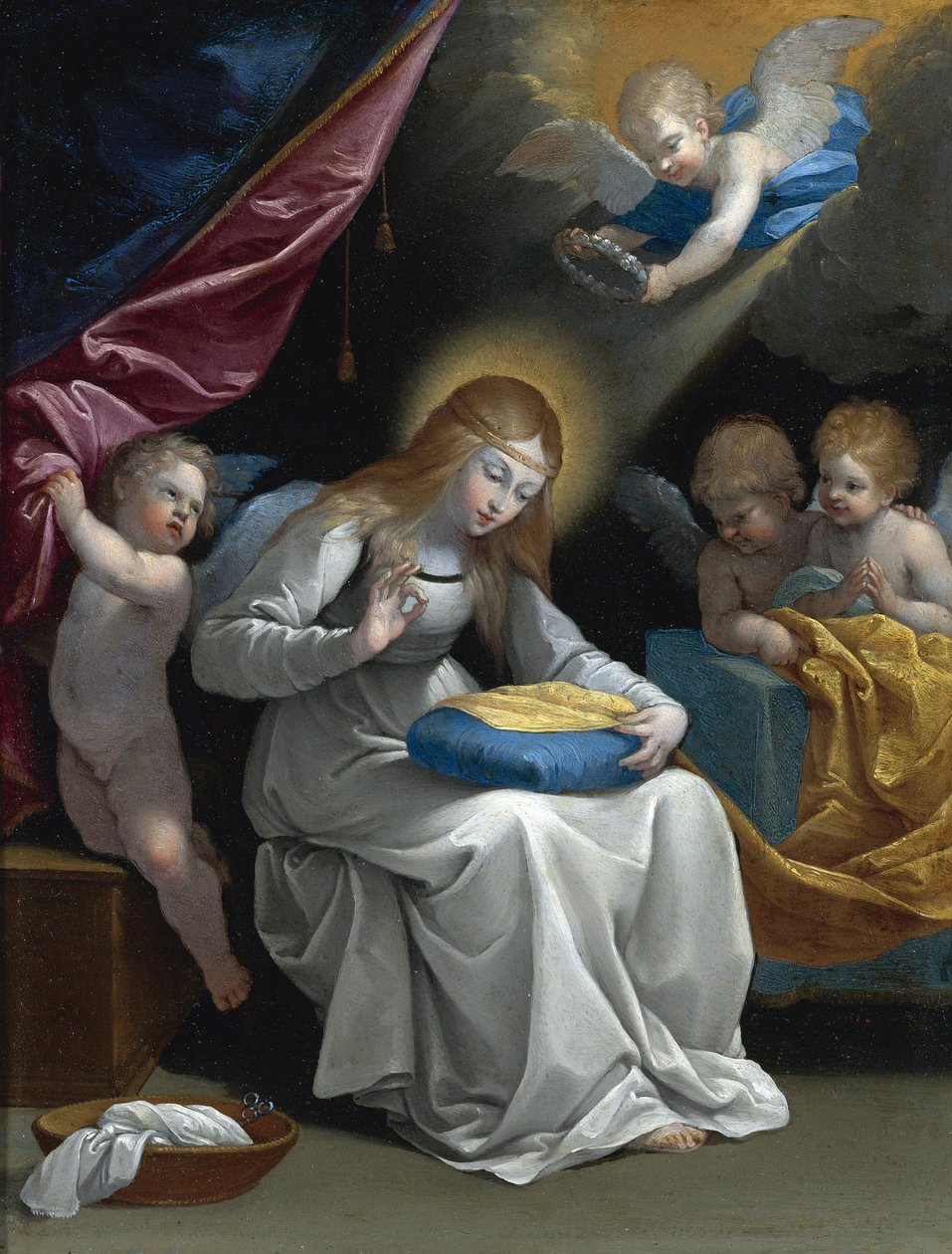 Dziewicze szycie, w towarzystwie czterech aniołów (La Couseuse) par Reni, Guido (1575-1642). Olej na miedzi, format : 28,5x21,5, , Kolekcja prywatna autorstwa Guido Reni