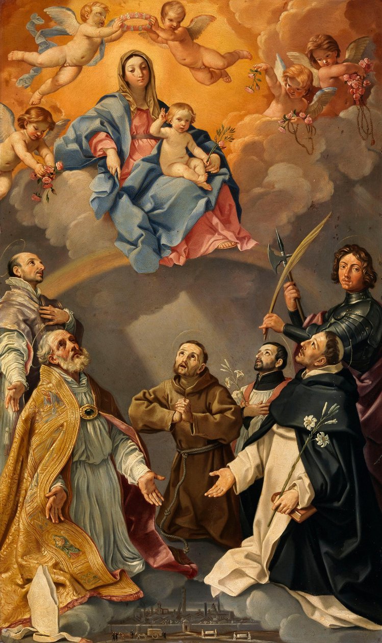 Matka Boska z Dzieciątkiem i świętymi patronami miasta Bolonii (święci Ignacy Loyola, Petroniusz, Prokulus, Franciszek z Asyżu, Franciszek Ksawery, Dominik i Florianus) autorstwa Guido Reni