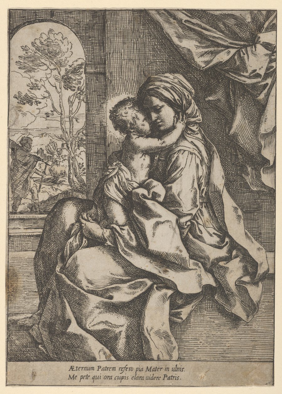 Siedząca Dziewica z Dzieciątkiem Jezus na kolanach, które ją obejmuje, Józef widział..., ok. godz. 1600-1613. autorstwa Guido Reni