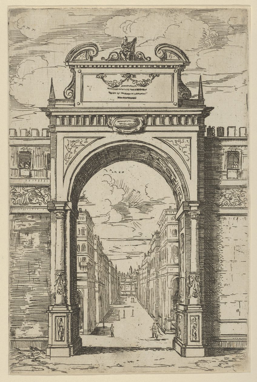 Łuk triumfalny zwieńczony posągiem Mojżesza, budynki widziane przez łuk poniżej, t..., 1598. autorstwa Guido Reni