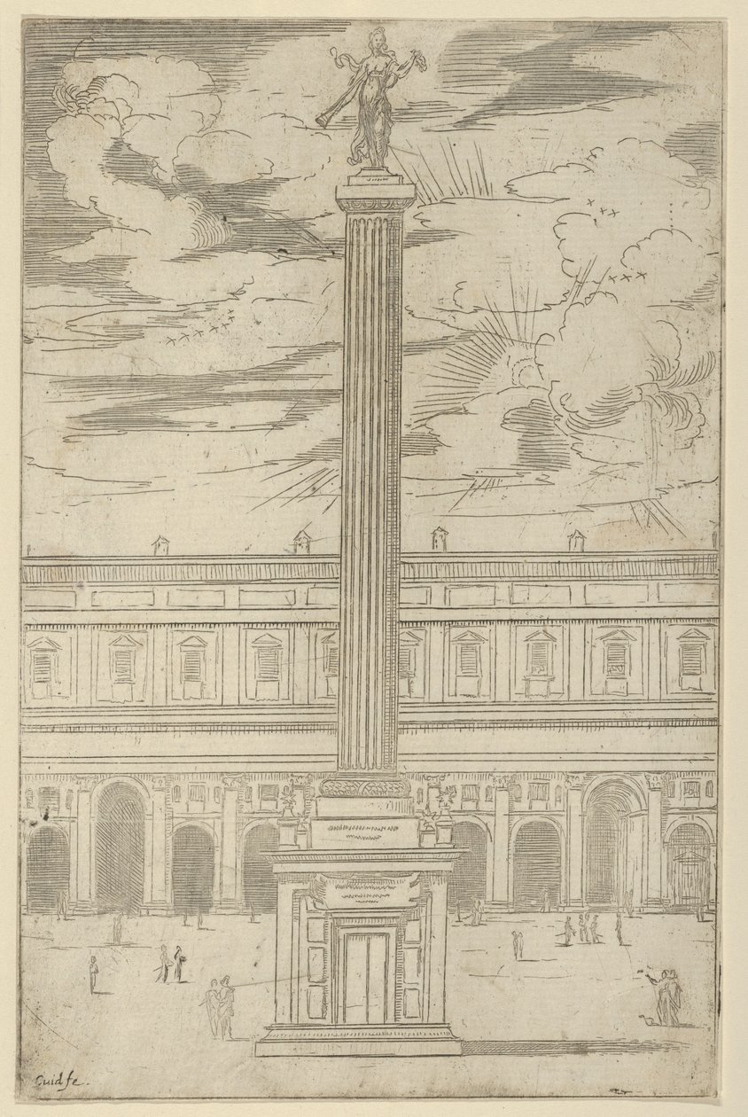Kolumna triumfalna z kobiecą postacią Sławy trzymającą u góry trąbkę, zdobienie tymczasowe, 1598. autorstwa Guido Reni
