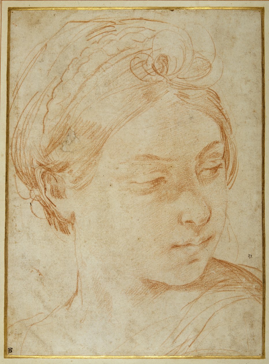 Głowa młodej kobiety, odwrócona, by spojrzeć przez lewe ramię (czerwona kreda na białym papierze) autorstwa Guido Reni