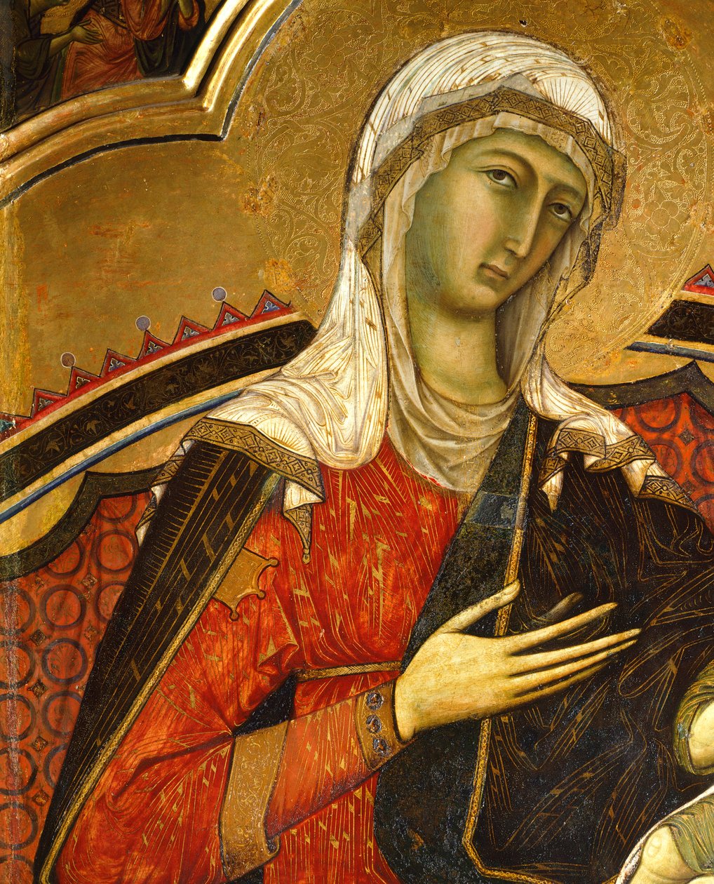 Twarz Maryi, fragment z Majesty autorstwa Guido da Siena (ok. 1230-ok. 1290), fragment, Sala Filarów, Palazzo Pubblico (Ratusz), Siena autorstwa Guido da Siena