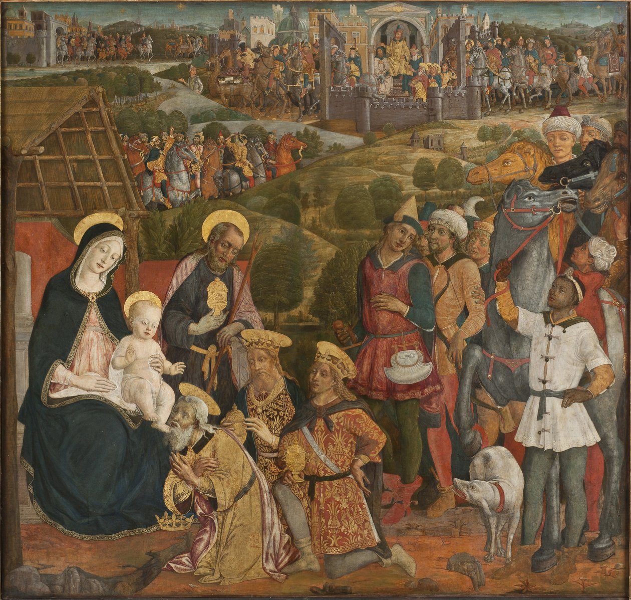 Adoracja Trzech Króli - Adoracja Trzech Króli, Cozzarelli, Guidoccio di Giovanni (1450-1517). Tempera i olej na płótnie. Wymiary : 168x176 cm. Muzeum Narodowe w Sztokholmie autorstwa Guidoccio di Giovanno Cozzarelli