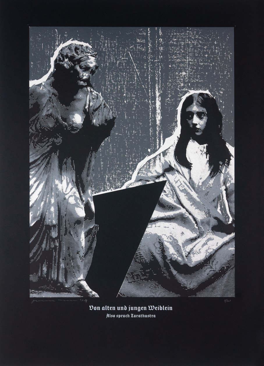 On Little Old And Young Women, Thus Spoke Zarathustra, 2024 (drzeworyt i sitodruk) autorstwa Guilherme Pontes