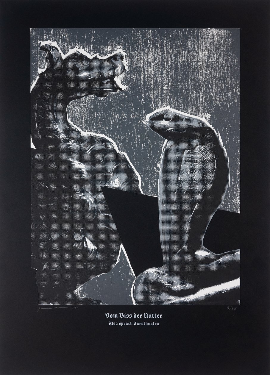 On The Adder´s Bite, Thus Spoke Zarathustra, 2024 (drzeworyt i sitodruk) autorstwa Guilherme Pontes