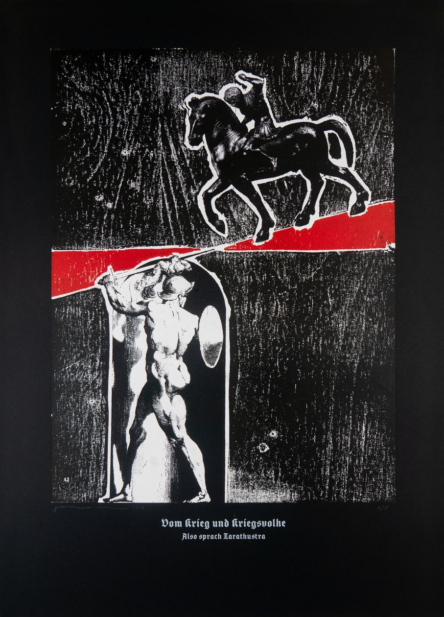 O wojnie i wojownikach (czarny), Thus Spoke Zarathustra, 2024 (drzeworyt i sitodruk) autorstwa Guilherme Pontes