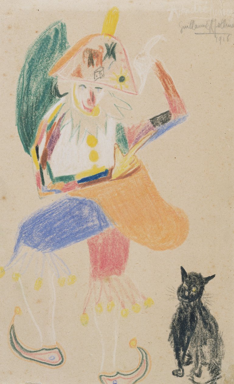 Klaun w bicorne z kotem, rysunek poświęcony Andre Rouveyre, 1916 (kolorowa kredka na papierze) autorstwa Guillaume Apollinaire