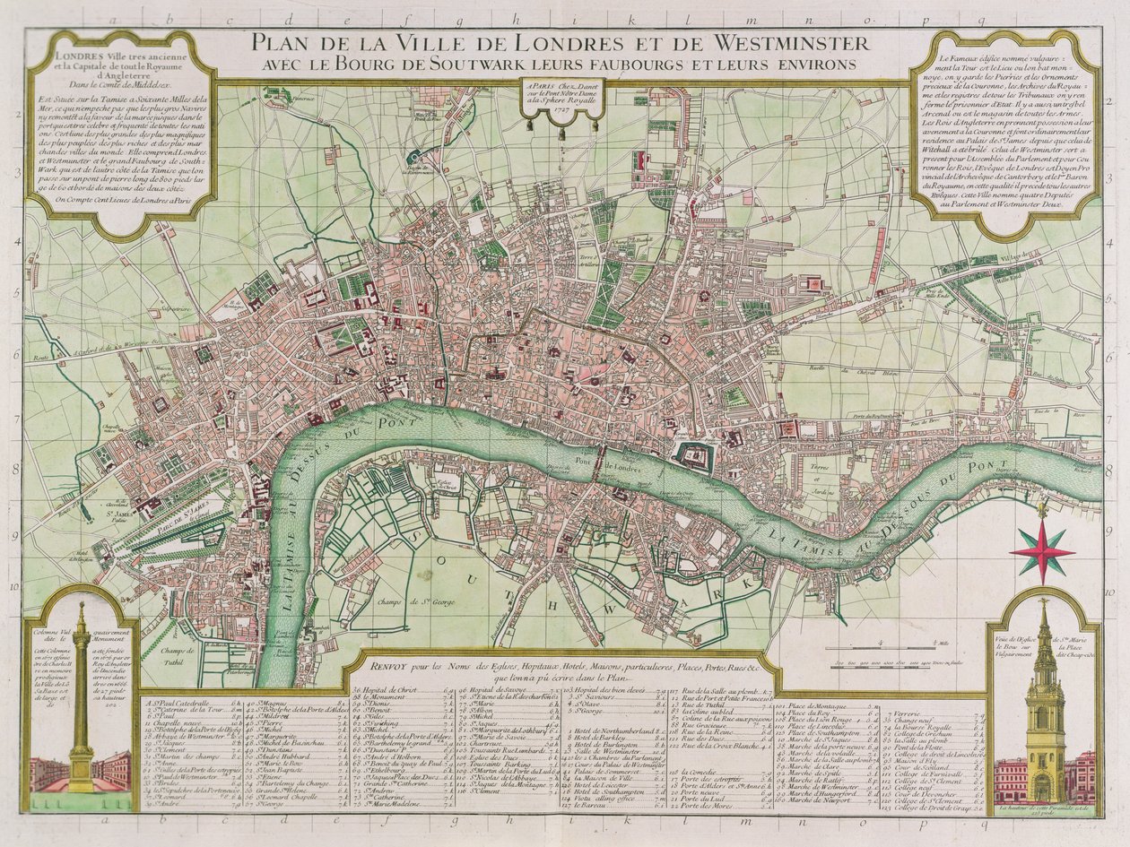 Plan miast Londynu i Westminsteru, 1727 r. (ręcznie barwiony grawerunek) autorstwa Guillaume Danet