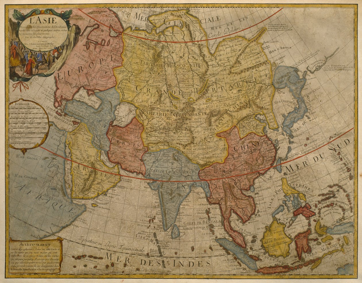 Mapa Azji, wydana w 1700 r., Paryż (rycina kolorowa) autorstwa Guillaume Delisle