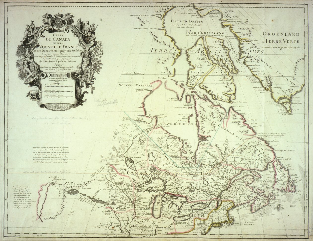 Mapa Kanady, opublikowana Paryż, 1703 (rycina ręcznie kolorowana) autorstwa Guillaume Delisle