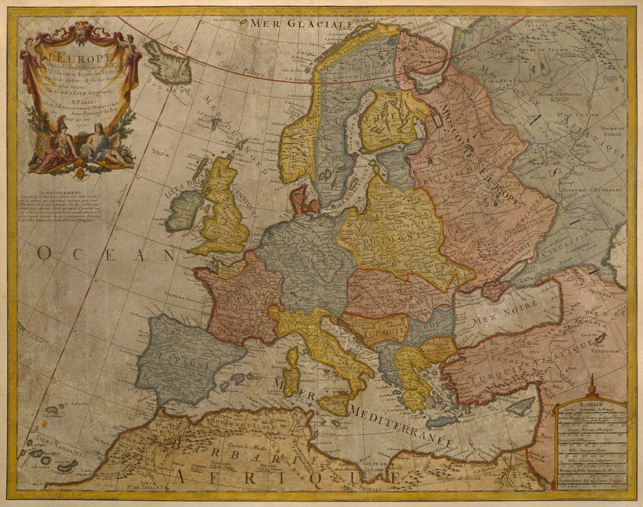 Mapa Europy, wyd. 1700, Paryż (kolorowe grawerowanie) autorstwa Guillaume Delisle