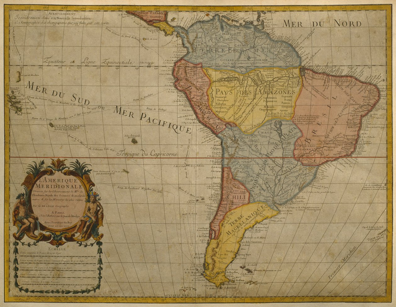 Mapa Ameryki Południowej, wydana w 1700, Paryż (kolorowa grawerunek) autorstwa Guillaume Delisle