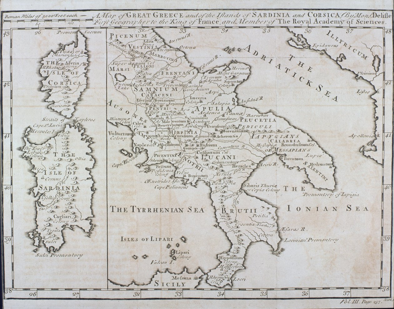 Mapa południowych Włoch, Korsyki i Sardynii, znana w starożytności jako Wielka Grecja lub Magna Graecia, początek XVIII wieku autorstwa Guillaume Delisle