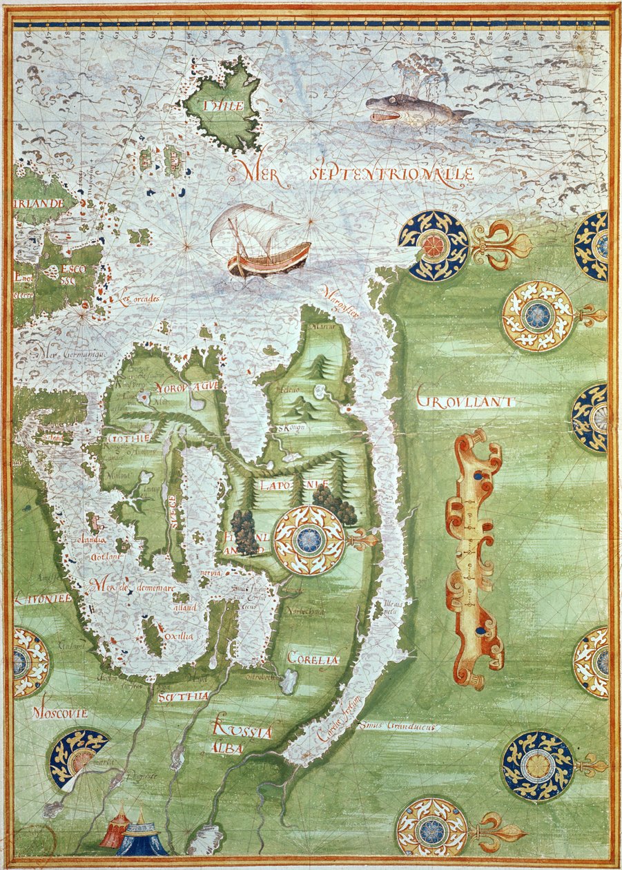 Fol.10v Mapa Skandynawii i północnej Rosji, z „Cosmographie Universelle”, 1555 autorstwa Guillaume Le Testu