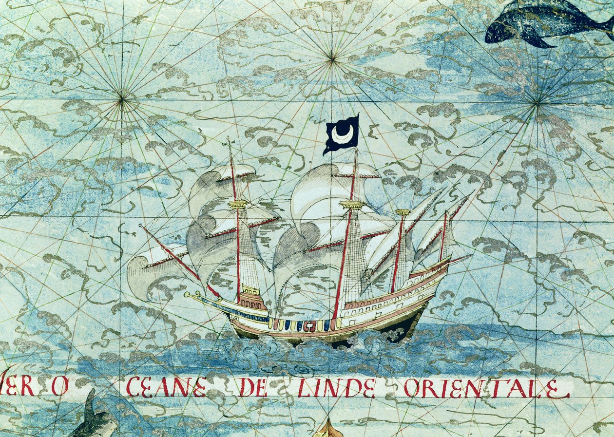 Fol.36v A Caravel, z „Cosmographie Universelle”, 1555 autorstwa Guillaume Le Testu