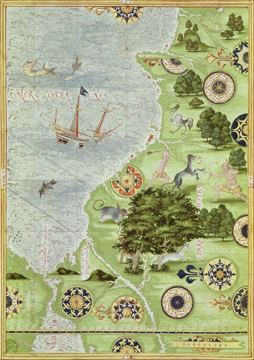 Fol.39v Mapa Cieśniny Magellana, z "Cosmographie Universelle", 1555 autorstwa Guillaume Le Testu