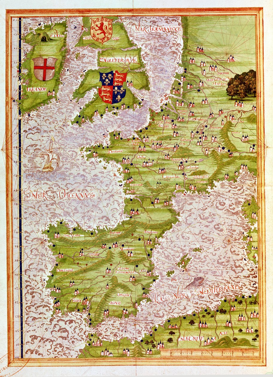 Fol.9v Mapa Europy Zachodniej z „Cosmographie Universelle”, 1555 autorstwa Guillaume Le Testu