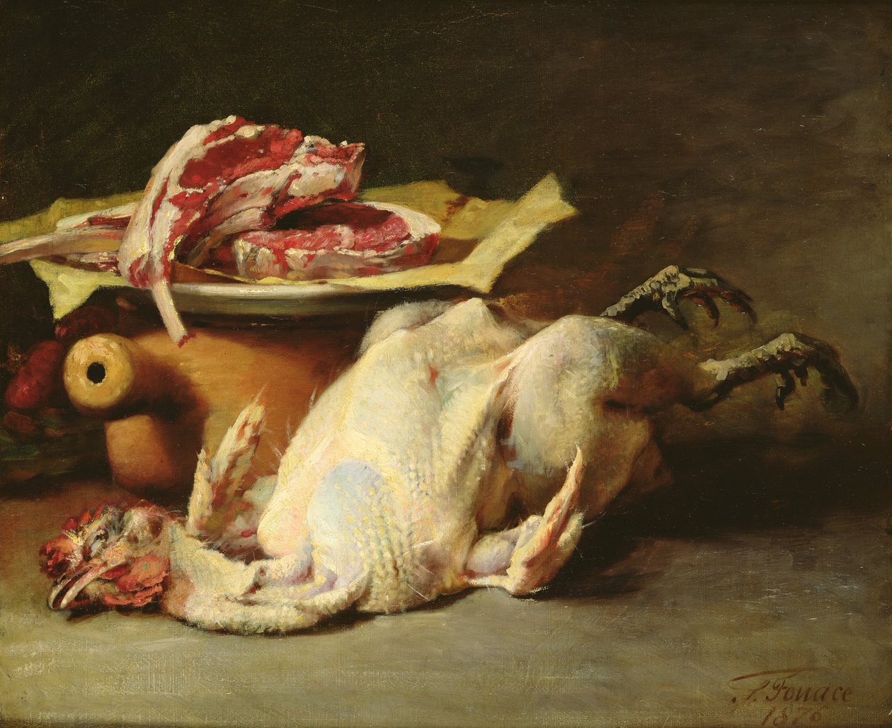 Martwa natura kurczaka i kotletów, 1876 autorstwa Guillaume Romain Fouace