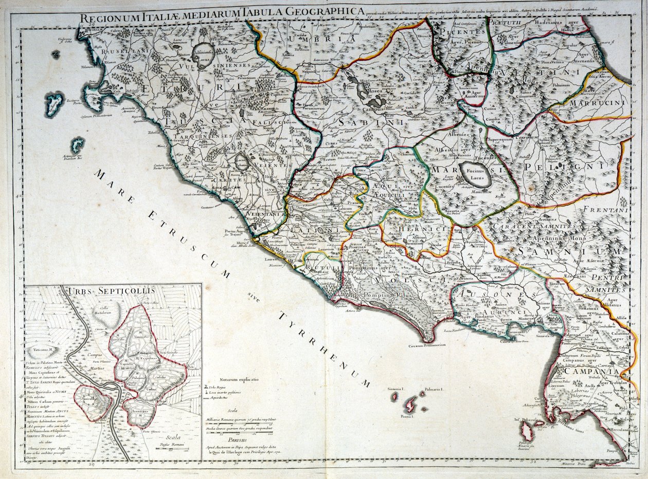 Historyczna mapa regionu Włoch, w którym żyli Etruskowie po Atlasie G. Delysle autorstwa Guillaume (after) Delisle