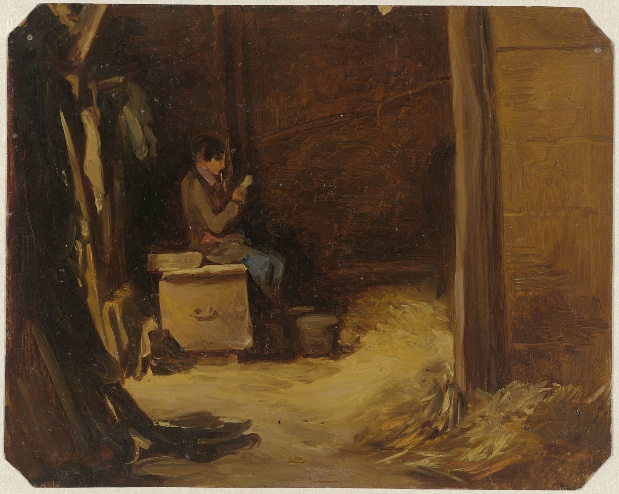Chłopiec czytający listy w stajni autorstwa Guillaume Anne van der Brugghen