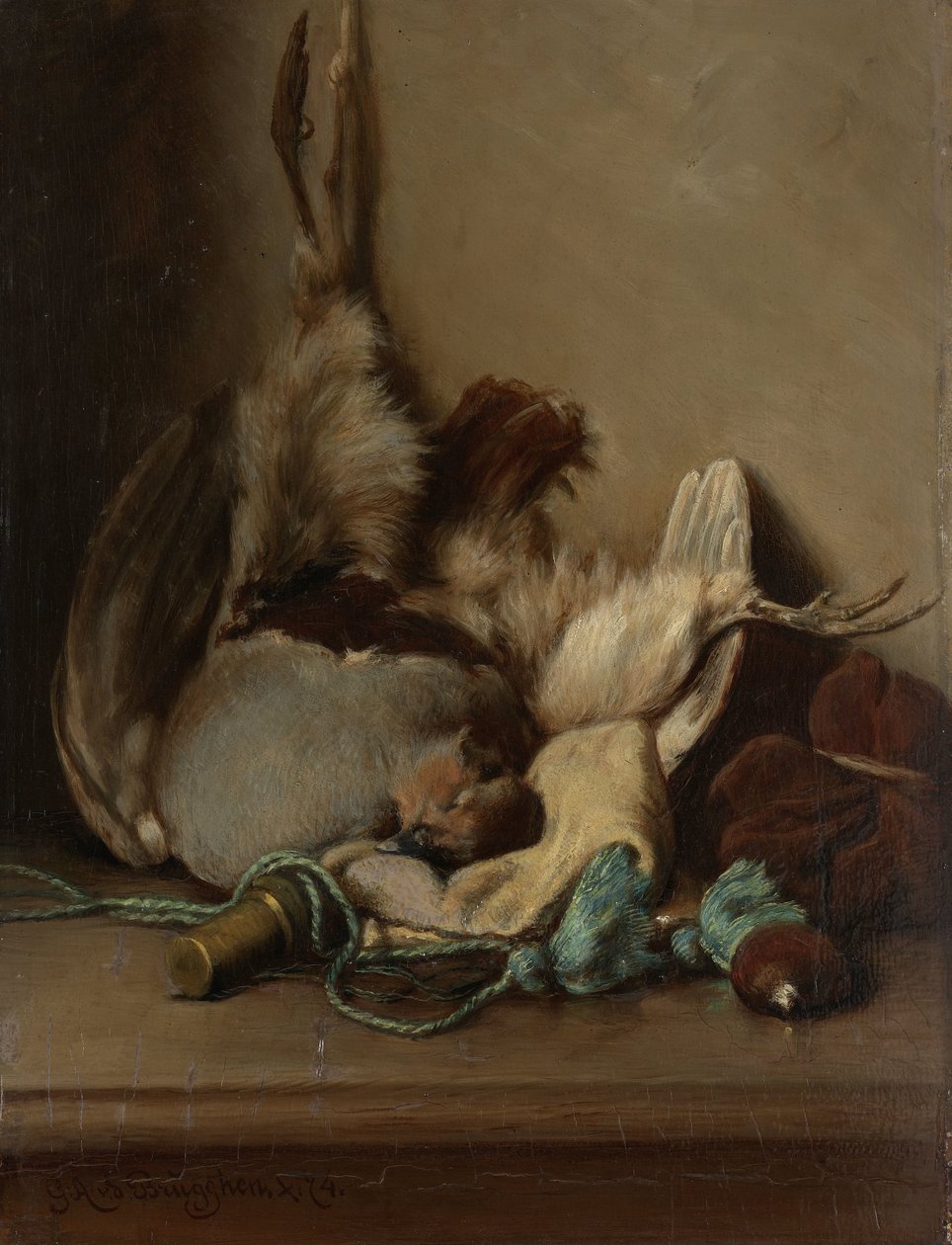 Martwa natura z Wood Pigeon i Powder Horn autorstwa Guillaume Anne van der Brugghen