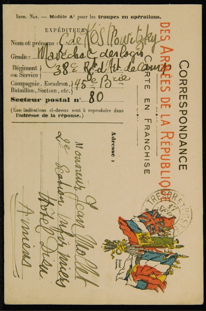 Pocztówka z autografem Jeana Molleta z dnia 16 września 1915 r. autorstwa Guillaume Apollinaire