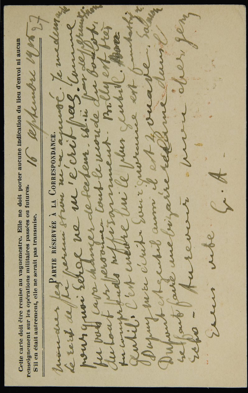 Pocztówka z autografem Jeana Molleta z dnia 16 września 1915 r. autorstwa Guillaume Apollinaire