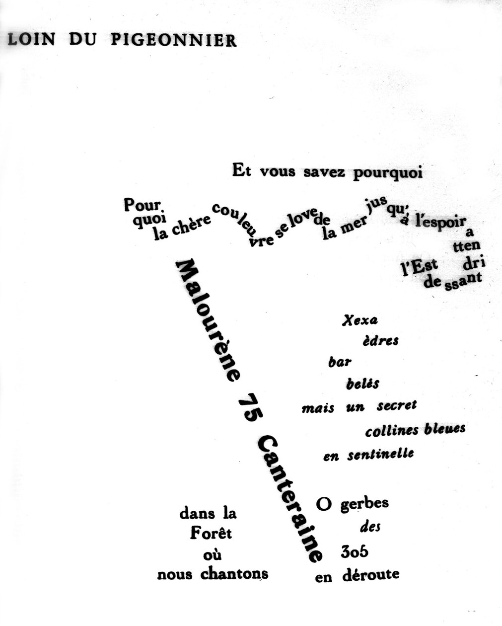 Kaligram Guillaume Apollinaire (1880-1918): „”Daleko od gołębia”” autorstwa Guillaume Apollinaire
