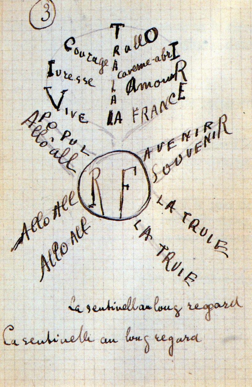 Kaligram Guillaume Apollinaire - w „Bawełnie w uszach”, autograf rękopisu 17 kart autorstwa Guillaume Apollinaire