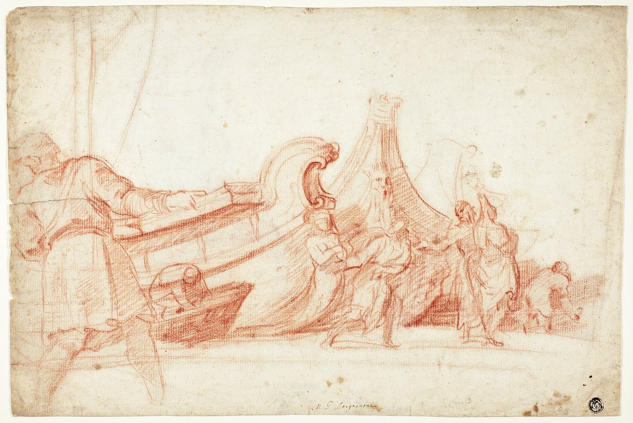 Scena w doku (recto); Dwa szkice postaci męskich (verso) autorstwa Guillaume Courtois